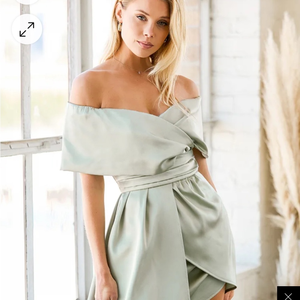 Always Celebrating Sage Green Satin Off-the-Shoulder Mini Dress